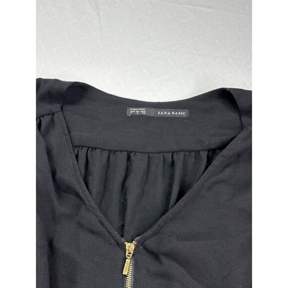 Zara Basic Black Long Sleeve Mini Shirt Dress Size S Front Zip Elastic Waist - Picture 3 of 4
